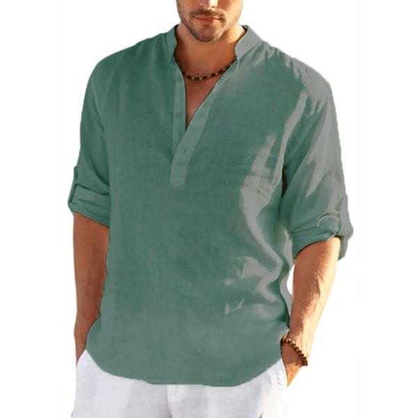 Stylish Daily Linen Loose Fit Shirt for Men - Comfortable, Solid Colour, Long Sleeve Cotton - Image 7