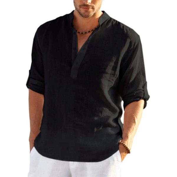 Stylish Daily Linen Loose Fit Shirt for Men - Comfortable, Solid Colour, Long Sleeve Cotton - Image 3