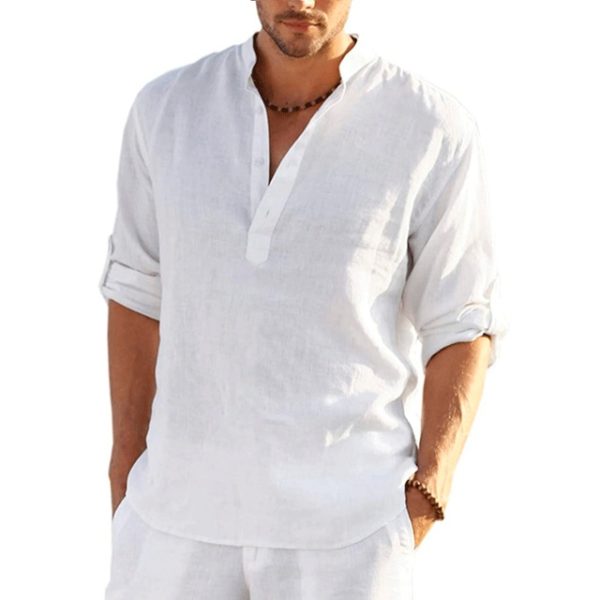 Stylish Daily Linen Loose Fit Shirt for Men - Comfortable, Solid Colour, Long Sleeve Cotton - Image 2